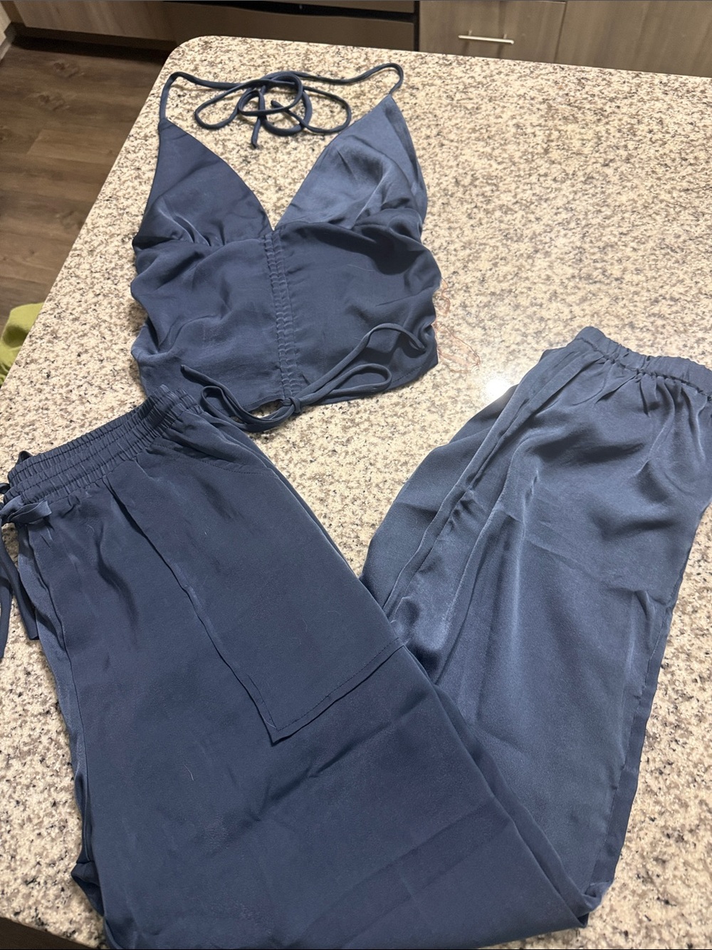 Fashion Nova Navy Blue Satin-Style Two-Piece Jumpsuit Set
